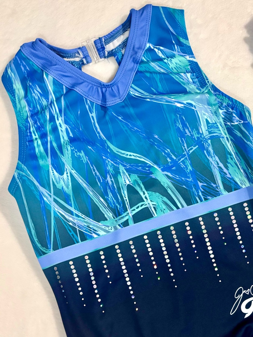 GK Jordan Chiles Performance Leotard Blue Rhinestone CM With Matching Scrunchie - Picture 2 of 11